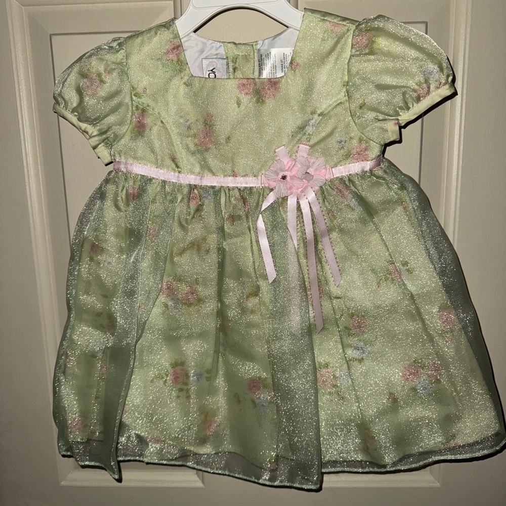 Vintage young land Green Floral Baby Dress with Pink Bow